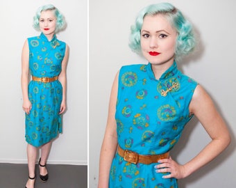 1960's Aqua Blue Cheongsam Wiggle Dress | Mandarin Collar | Size Medium
