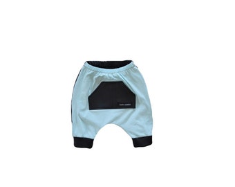 Blue Pocket harem shorts with black faux leather details - toddler harem shorts - kids harem shorts