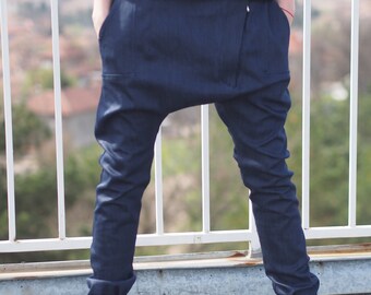 Drop crotch denim pants/woman denim pants/woman drop crotch pants/denim harem pants