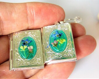 Book Locket Real Flower Earrings, Functional Lockets, Pressed Flower Jewelry (1993), Resin