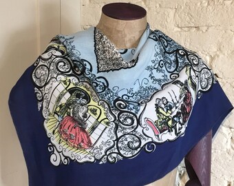 1940s/1950s 18th Century Novelty Print Crepe Scarf