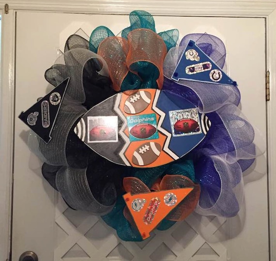 House Divided Nfl Wreath - NFL Sports - NFL Football - Miami Dolphins - Indianapolis Colts - Oakland Raiders - NFL - Professional Football