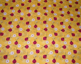 BTY LADYBUGS & DAISIES on Yellow Print 100% Cotton Quilt Craft Fabric by the Yard