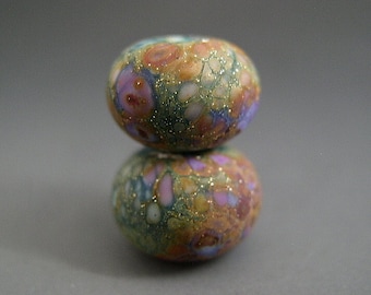Naos Glass Lily Pad Gardens Pair Made To Order Handmade Lampwork Beads SRA Artisan Glass Beads Teal Rust Tones Lilac Lavender