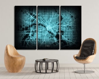 DALLAS Map 3 Canvas Panel Dallas Texas Night Lights Modul Map Oversized Horizontal Wall Art Map Modern Art Neon City Map NCM