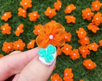 Orange Chiffon Beaded Flowers (25mm each- 25 pieces), Floral Applique, Sew on Flower, Fabric Craft Flowers, Pearl Center, Orange Embellish