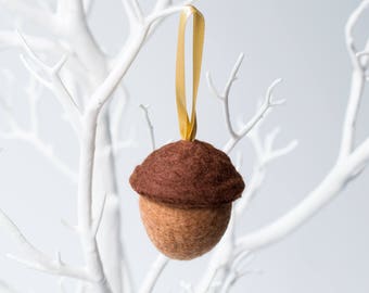 Felt acorn hanging decoration, autumnal woodland ornament, felted acorn Christmas tree ornament.