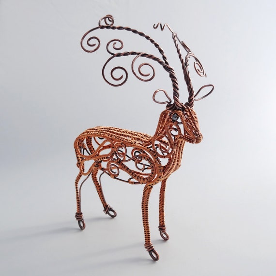 Copper Deer Wire Sculpture Reindeer Fine Art Tabletop Animal