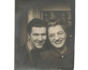 Vintage Snapshot "Elmer & Mary" Happy Couple Rimless Eyeglasses Dark Red Lipstick Photobooth Found Vernacular Photo