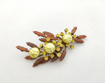 Long Swag Style Cathe Brooch Pale Yellow and Brown Art Glass Blister Pearl