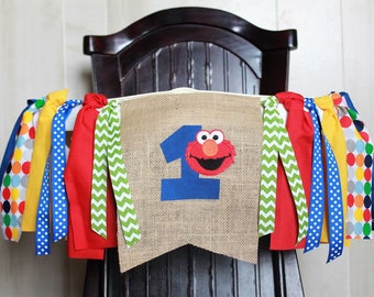 Primary Color High Chair Banner, Elmo Birthday Banner, First Birthday Ribbon Garland
