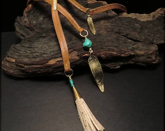 N1576 Saddle Tan/Brown Leather Lariat Y Necklace- Brass and Turquoise