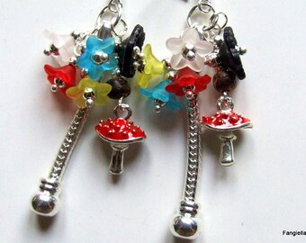Lucite Flower Earrings multicolor enamel red amanita mushroom agaric