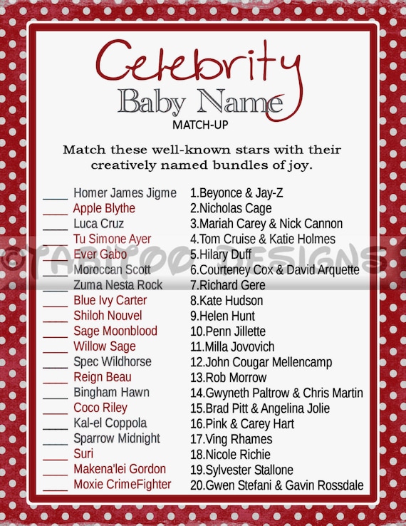 Celebrity Baby Name Match Up Game Baby Shower PRINTABLE