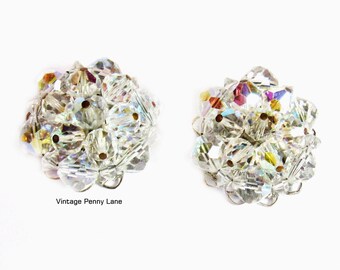 Vintage Bead Earrings, Aurora Borealis Crystals, Cluster Bead