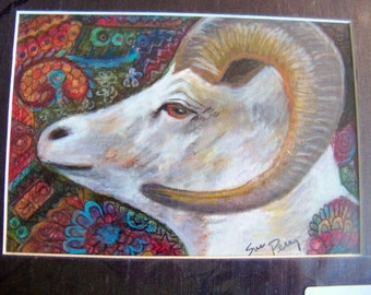 original art color pencil drawing 8x10 big horn sheep zentangle design abstract