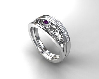 Amethyst engagement ring set, filigree engagement ring, white gold, diamond wedding ring, purple, diamond eternity band, filigree wedding