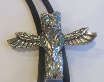 Southwestern Style Kachina Totem w Faux Turquoise Silver Tone Bolo Tie IC Lot Z