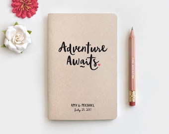 Adventure Awaits Personalized Travel Journal & Pencil, Personalized Wedding Gift for Couple, Travel Notebook, Anniversary Engagement Gift