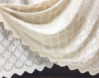 Sheer Fabric - Polyester Patterned Sheer Panel - White or Champagne Sheer - Decorative Shaped Hem - Singed Flower Fabric - P21 - 1 Panel