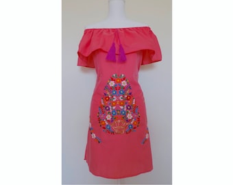 Off the Shoulder Mexican Dress - Mexican Peasant Dress - Coral Pink Sundress - Mexican Dress - Mexican Wedding - Mexican Bridesmaid Dress
