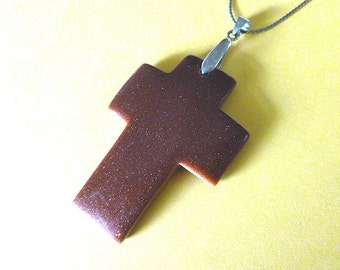 GENUINE GOLDSTONE Vintage Cross Pendant, Goldstone Cross & 18KGP Silvertone Chain, Cross Necklace, Cross Pendant, Gemstone Cross Necklace