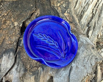 Pottery Spoon Rest Wheat Cobalt Blue Handmade by Daisy Friesen