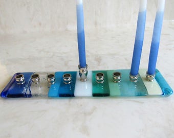 Hanukkah Menorah, Fused Glass Beach Menorah, Hanukkah Gift, Ocean Beach Glass Menorah, Bar Mitzvah Gift, Kids Menorah, Children Menorah