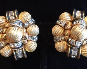 Gay Boyer Goldtone Twist with Clear Rhinestone Rondelles & Enamel Earrings
