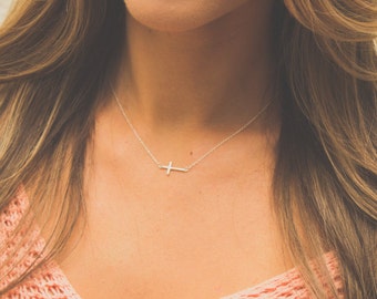 Sterling Silver Sideways Cross Necklace, Celebrity Jewelry, Cross Necklace, Off Center Cross Necklace, Gift for her, Religious Necklace