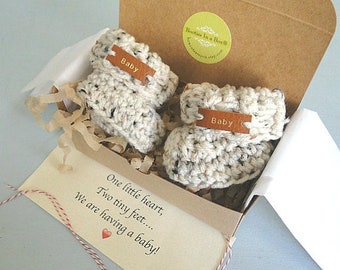 Grandparent Pregnancy Announcement , BOOTIES IN A BOX® Cuffs with Leather Tags, Labels, Three Colors, Pregnancy Reveal, Shower Gift,