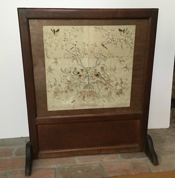 Victorian Fireplace Screen Silk Embroidery Fire Under