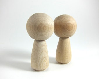 2 Wood Peg Dolls - Kokeshi Dolls Big Head Wooden Wooden Figurine - DIY Wedding Cake Topper