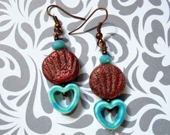 Aqua and Copper Heart Earrings (2316)
