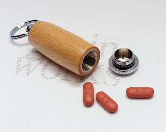 Wood Deluxe Pill Holder Key Chain - European Beech with Chrome Accents (Gift Ready)