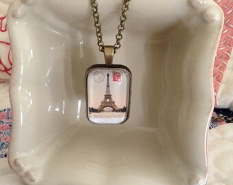 Eiffle Tower vintage postcard pendant necklace