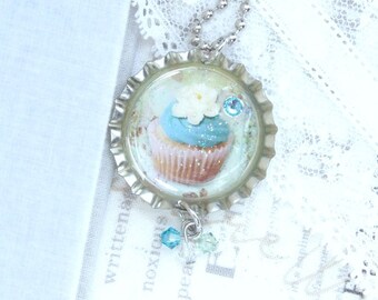 Blue Cupcake Necklace Food Necklace Dessert Necklace Bottle Cap Necklace Cupcake Gift
