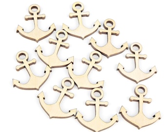 Set of 10pcs. (1") Mini Wooden Anchor Shape Ornaments Craft Decoration Gift Decoupage Unpainted Laser Cut MG000023