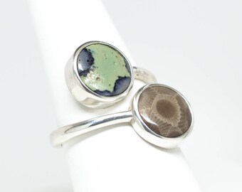 Petoskey Stone and Frankfort Green Sterling Silver Ring - Size 8 1/4
