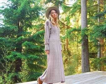 60s 70s Indian Dress, Button Front Oatmeal Gauze Dress, Batwing Boho Hippie Dress, Bohemian Embroidered Dress, Long Sleeve Cotton Maxi Dress