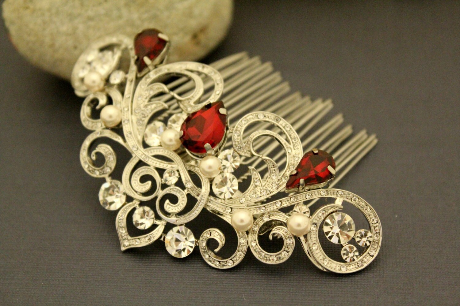 Red Crystal Comb Bridal Hair Comb Swarovski Siam Ruby Red
