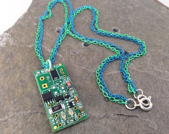 Reclaimed Circuit Board Pendant with Tiny Components on Double Green & Aqua Blue 18 Inch Chain, Upcycled Computer Parts, Geekery Gift