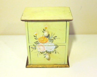 Folk Art Miniature Chest Of Drawer With Hand Painted Flower Decoration - A Beautiful Example - A Fine Jewellery Or Ring Box -