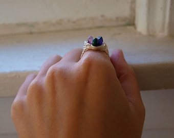 Size 7.5 Crystal Ring - Silver Malachite Ring - Silver Fluorite Ring - Silver Amethyst Ring - Triple Goddess Ring - Purple Fluorite Jewelry