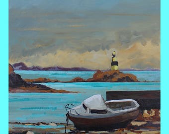 painting of a breton landscape of the Isle of Brehat figurative oil painting 33 x 41, yellow, blue