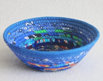Small Fabric Bowl / Rustic Wrapped Fabric Basket / Blue Bohemian Round Coiled Clothesline Bowl by PrairieThreads