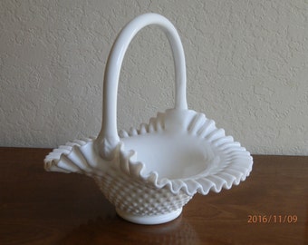 Fenton Hobnail Milk Glass Ruffled Basket
