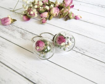 Glass ball Earrings, Rose Dangle Earrings, Real Flower Jewelry, Dried Flower Terrarium Earrings, Wedding Jewelry, Bridesmaid Gift