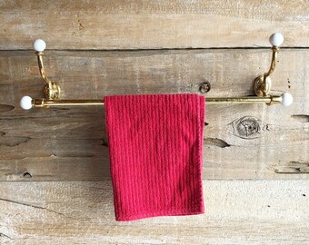 Brass towel bar with ceramic knobs. Brass towel holder / rack.