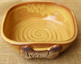 Yellow wheel thrown pottery dog food or water bowl, ready to ship